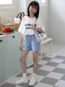 DAZY 青少年女孩心形口袋拼色休闲牛仔短裤，适合夏季、返校服装 - 淺色水洗藍 - 查看 4