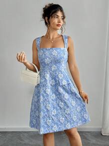 Elenzga Plus Size Women Summer Vacation Style Jacquard Square Neck Hollow Back Waisted Dress - Blue - View 3