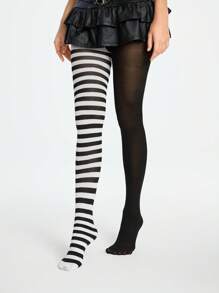 ROMWE Grunge Punk 1 Pair Gothic Punk-Style Black & Striped Tights, Halloween - Black and White - View 5
