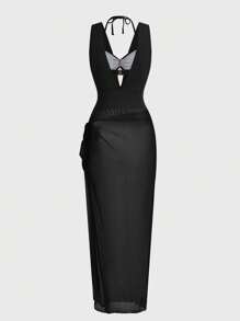 Swim Oasis 1 件女式纯色荷叶边连体泳衣，带纱笼裙，适合海滩/度假