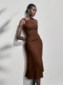 Lumivelle Summer Metal Ring Decor Waist Ruched Sleeveless Dress - Coffee Brown - View 7