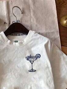 Attitoon 休闲圆领短袖修身女士T恤，鸡尾酒印花，适合夏季