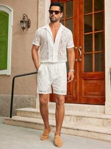 HIMLAND 2件套轻质镂空纯色梭织短袖衬衫套装，夏季蕾丝衬衫男士夏季两件套男士