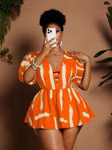 Maweii Blusa elegante con estampado floral, cuello en V y mangas abullonadas para mujer de talla grande - Naranja - Ver 6