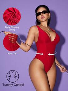 Shapewave Maillot de bain une pièce avec contrôle du ventre et push-up, col en V, panneaux latéraux, couleur marron terre, design élégant et épuré, convient pour les vacances et la plage, printemps/été