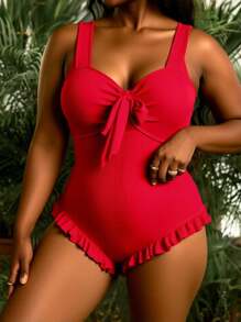 Swim Lushoire Plus Size Solid Front Tie Wide Strap One-Piece Swimsuit For Summer Beach Vacation - Red - View 6