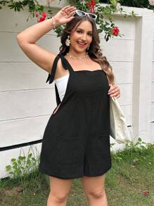 SHEIN EZwear Plus Size Black Woven Knot Cami Romper - Black - View 4