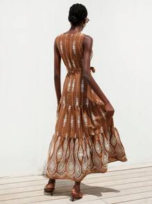 Aveloria Modichic French Romantic Boho Vacation Heavily Embroidered Sexy Deep V With Self-Fabric Belt Contrast Color Dress For Women - Multicolor - View 2