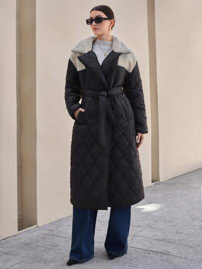 EURMUSE Long Padded Belt Detail Casual Winter Coat Women Coat