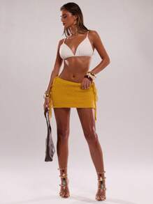 SHEIN BAE 针织合身侧带迷你流苏黄色毛衣裙夏季假期春季优雅可爱波西米亚风、女牛仔风、假日、音乐会、伊比沙岛、西部软饮料、海滩女士、秋冬女士 - 黃色 - 查看 4