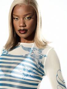 SUMWON WOMEN Áo thun lưới dài tay in họa tiết sọc thời trang dạo phố thường ngày - Màu be - Xem 7