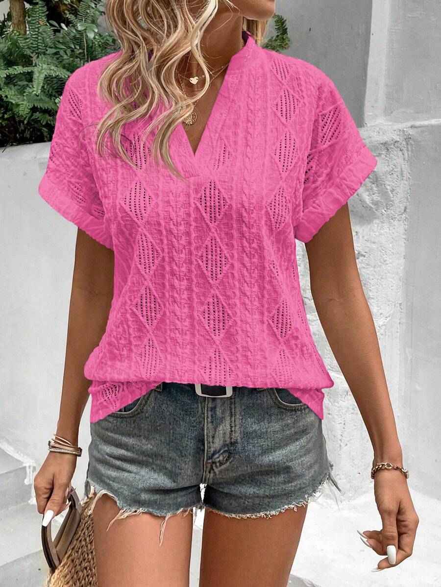 SHEIN LUNE Suéter de mujer de manga corta con cuello en V, de unicolor, tejido jacquard - Rosa Fucsia - Ver 1