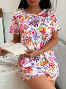 SHEIN Colorful Cartoon Graffiti Print Ladies Pajama Set - Pink - View 6