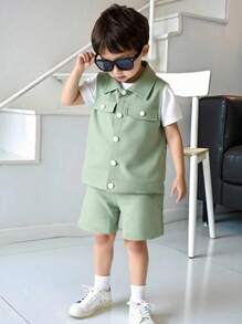 SHEIN Set 3 buc ținută pentru băiat tânăr - tricou cu mânecă scurtă cu umăr alb, vestă verde utilitare, aspect elegant și practic