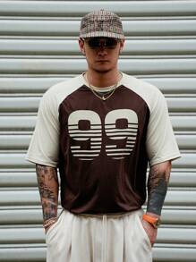 DAZY Camiseta de manga corta con bloqueo de color e impresión de número para hombres, ropa de otoño - Marrón - Ver 3