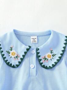 SHEIN Baby Girls' Floral Embroidered Collar Blouse & Shorts Set, Spring/Summer - Baby Blue - View 5