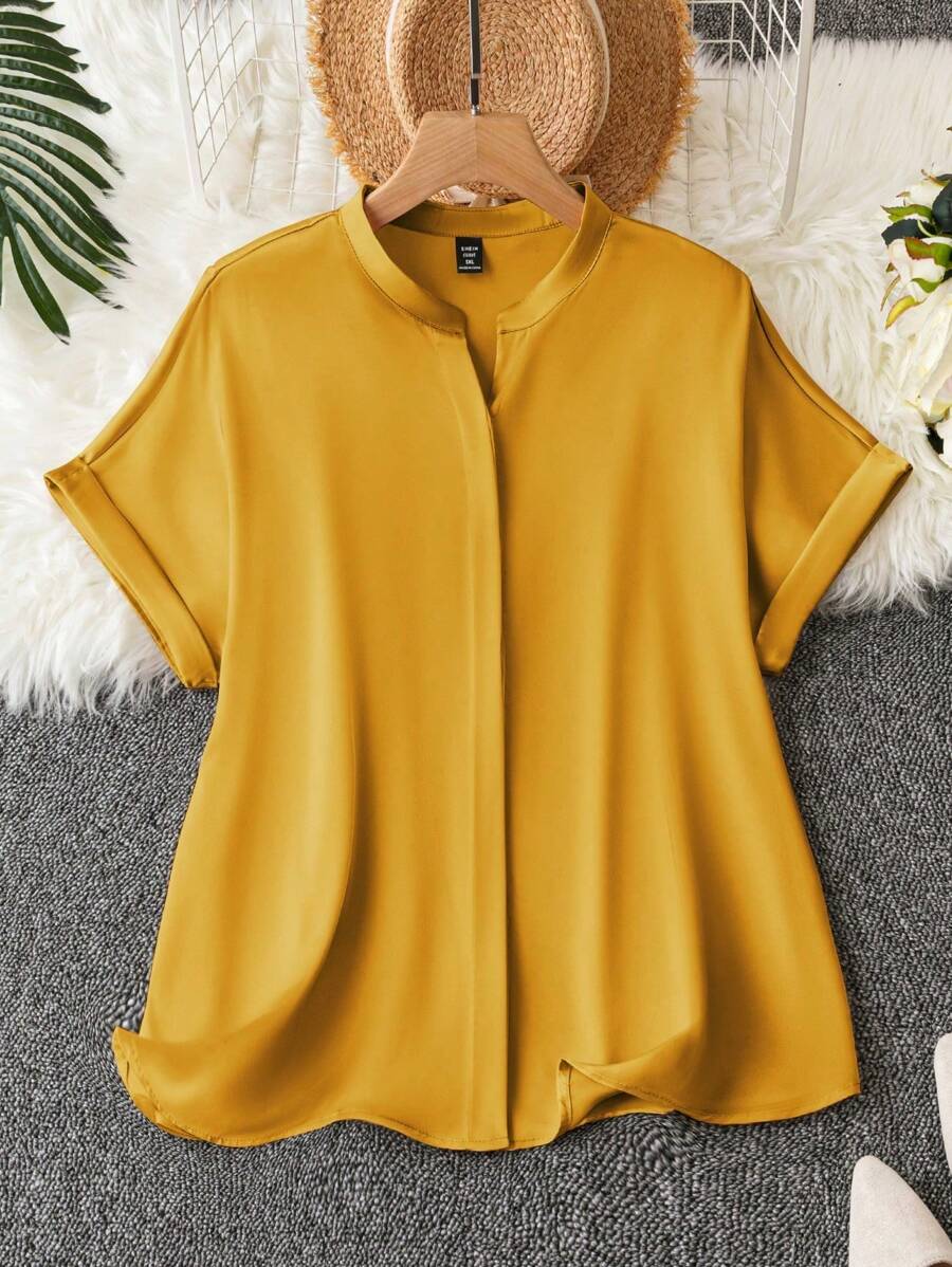 DreamSkyne Damen Große Größen Sommer Einfarbig V-Ausschnitt Kurzarm Lässig Hemd