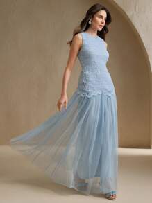 Anewsta Elegant Romantic Fitted Dress With Fabric Patchwork, Suitable For Date, Party, Wedding Guest, Spring, Summer - Blue - View 5