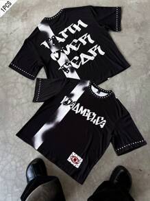 Manfinity EMRG 男士夏季街头风格黑白大数字图案 T 恤，前卫设计男士男士 T 恤短款男士街头潮流衬衫 - 黑色 - 查看 3