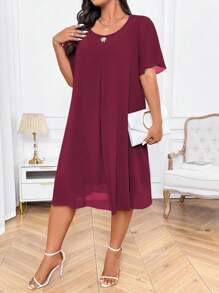 SHEIN LUNE Váy chữ A rộng rãi thanh lịch màu xanh nước biển cỡ lớn dành cho nữ, cổ tròn, tay áo hình đèn lồng và nút trang trí, mùa hè - Màu Đỏ Sâu - Xem 6