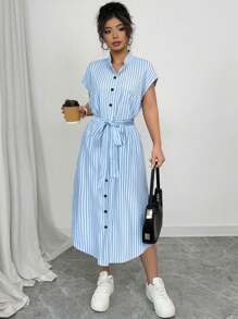 Elenzga 大码女式优雅豹纹衬衫领插肩袖腰带蝴蝶结木质纽扣休闲俱乐部连衣裙，时尚设计，春夏