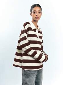 Maija Women's Brown & Beige Striped Casual Long Sleeve Button Front Loose Versatile Simple T-Shirt Top, Suitable For Vacation, Business Casual, City Commute, Cute Blouse - Coffee Brown - View 6