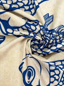 Breezaya 女士休闲度假浅米色打底大鱼复古印花腰带设计阔腿裤，春夏 - 杏色 - 查看 5