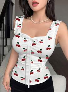 Modelyn Top de tirantes sin espalda con estampado de cerezas frutales de moda para mujer en verano