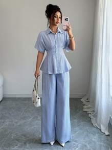 Modelyn 2件套女士条纹蝙蝠袖上衣和裤子套装，夏季