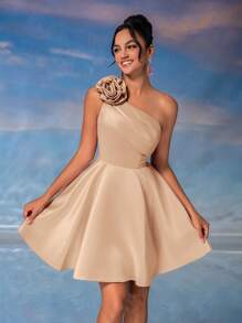 Lovelzi Elegante y lujoso vestido mini de fiesta con asimetría de volantes y flores 3D de color rosa loto - Albaricoque - Ver 8