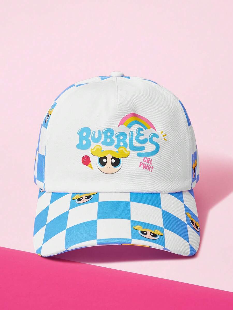 THE POWERPUFF GIRLS X SHEIN Checkered And Bubbles Pattern Fashion Baseball Cap - White - View 1
