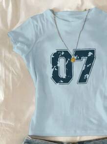 Tween Girl Summer Numeric Print Round Neck Short Sleeve Casual T-Shirt Summer T-Shirt - Baby Blue - View 3