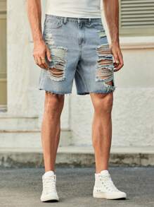Manfinity VCAY Men's Casual Light Color Ripped Denim Shorts, Fashionable Men Ripped Jeans Shorts Distressed Jorts Men Casual Ripped Denim Shorts Ripped Jorts Jorts - Blue - View 5