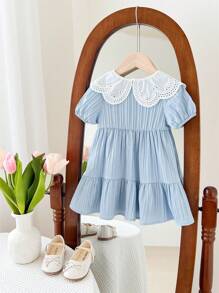 SHEIN LMoss Kids Babygirl 甜美夏季蓝色条纹宽松彼得潘领短袖连衣裙 - 藍色 - 查看 2