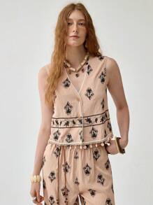 Florisole 女式波西米亚风格刺绣度假无袖上衣和高腰流苏系带阔腿裤套装，春夏 - 卡其色 - 查看 5