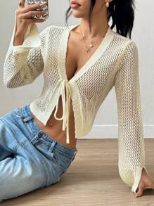 Breezaya Vacation Style V-Neck Long Sleeve Hollow Tie Bow Knot Thin Cardigan For Sunblock Fall Cloth For Women - Beige - View 5