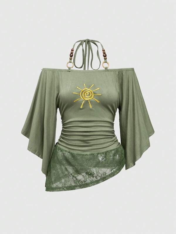 ROMWE Hippie Vintage Loose Off Shoulder Wooden Beads Decor Women T-Shirt