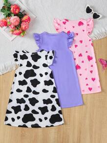 3 件套女童卡通动物印花无袖圆领休闲时尚针织连衣裙，适合夏季