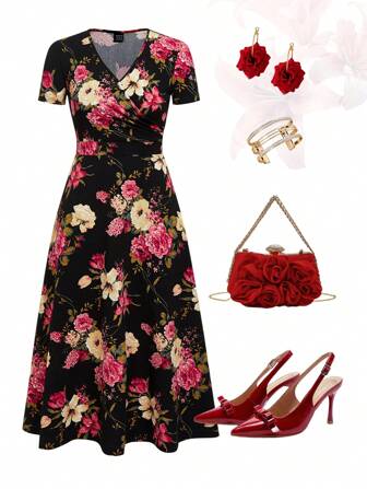 Ellevyn Women's Floral Print V-Neck Short Sleeve Spring Long Dress