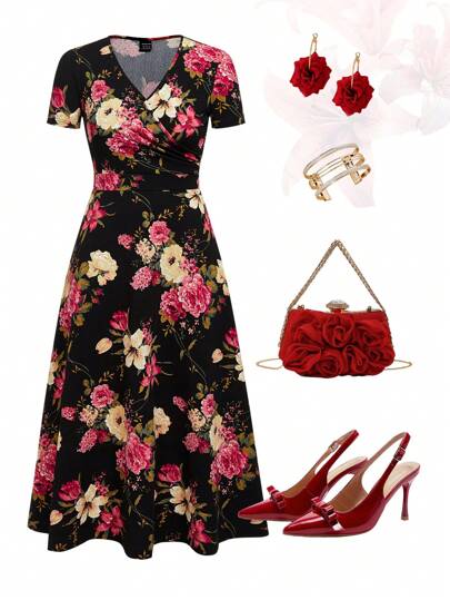 Ellevyn Women's Floral Print V-Neck Short Sleeve Spring Long Dress