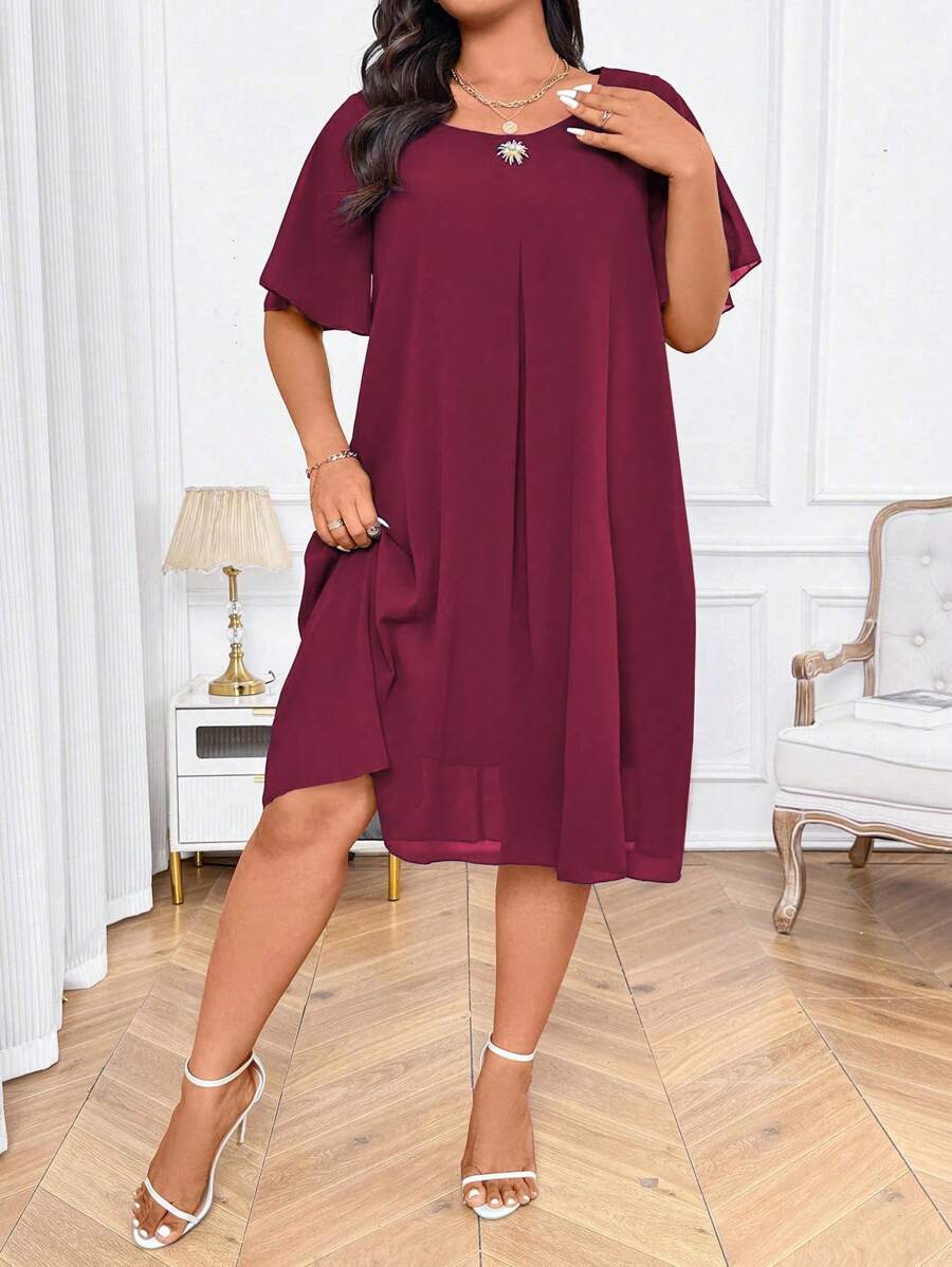 SHEIN LUNE Váy chữ A rộng rãi thanh lịch màu xanh nước biển cỡ lớn dành cho nữ, cổ tròn, tay áo hình đèn lồng và nút trang trí, mùa hè - Màu Đỏ Sâu - Xem 1