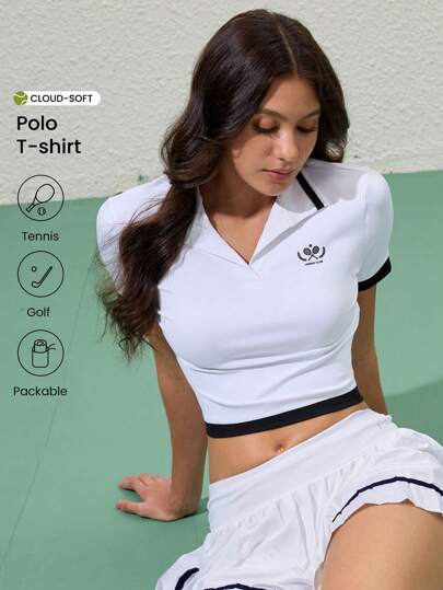 CourtClass Camiseta polo de manga corta para mujer para yoga, ajustada, sexy, para fitness, running, casual, cómoda para el trabajo y al aire libre, de color contrastante
