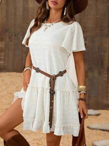 SHEIN LUNE Women Casual Ruffle Edge Textured Knit Dress Summer Outfits For Women Summer Dresses For Women Sun Dresses For Women Western Wear Women 4th Of July Country Concert Outfit White Graduation Dress Concert Outfit Women Boho Women's Clothing Rave Outfits Concert Outfits For Women Going Out Outfits European Summer White Dresses For Women Western Wear Women Country Concert Outfit Flowy Dress - Apricot - View 3