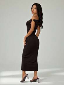 SHEIN PETITE Váy lệch vai thanh lịch dành cho nữ, thích hợp cho các buổi tiệc tùng và mặc đi làm hàng ngày - Cà phê nâu - Xem 2