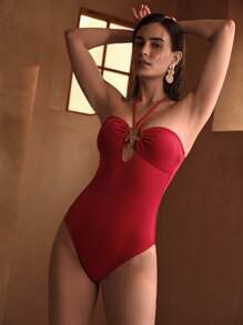 MOTF PREMIUM METAL DECOR HALTER ONE-PIECE SWIMSUIT FOR SUMMER BEACH VACATION - Red - View 1