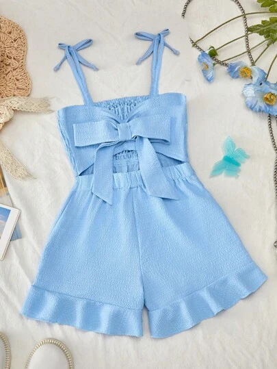 Genkimix Kids Young Girls Elegant Casual Vacation Jumpsuit, Spaghetti Strap Fitted Blue Woven Romper, Spring/Summer, Suitable For Outdoor Vacation