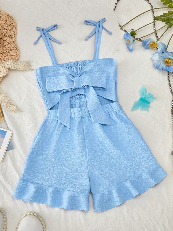 Mono de vacaciones elegante y casual para niñas jóvenes, mono azul de tejido de punto con tirantes finos, apto para primavera/verano y vacaciones al aire libre