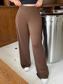 Dazy Plus Plus Fall Solid Color Elastic Waist Wide Leg Knit Casual Pants - Brown - View 3