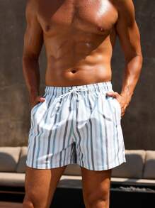 Manfinity VDAYZ Men's Casual Striped Print Drawstring Waist Slant Pocket Beach Shorts Mens Beach Clothes Men Swim Trunks Beachwear