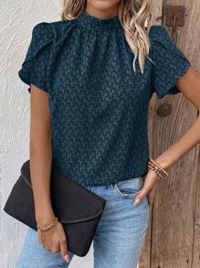 EMERY ROSE Women's Casual All Over Print Stand Collar Petal Sleeve Blouse, Summer - Blue - View 4